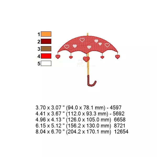 Fiche technique du motif parapluie avec cœurs – 5 tailles de 94x78 mm à 204x170 mm, 5 couleurs de fil.