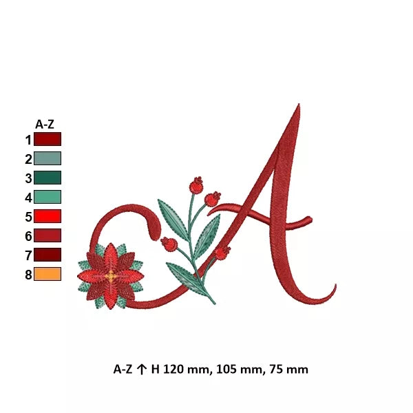 Info – Lettre A de l'alphabet de Noël poinsettia pour broderie machine avec fleurs et feuillages festifs | Poinsettia Christmas letter A for machine embroidery with festive flowers and foliage.