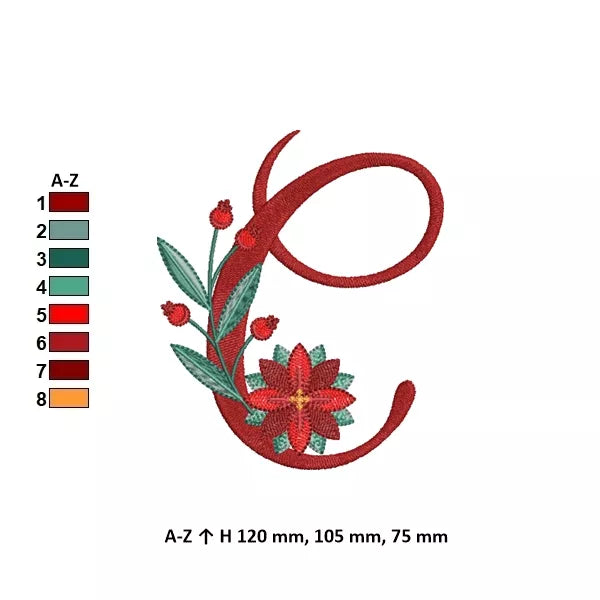 Info - Lettre C de l'alphabet de Noël poinsettia pour broderie machine avec fleurs et feuillages festifs | Poinsettia Christmas letter C for machine embroidery with festive flowers and foliage.