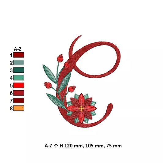 Info - Lettre C de l'alphabet de Noël poinsettia pour broderie machine avec fleurs et feuillages festifs | Poinsettia Christmas letter C for machine embroidery with festive flowers and foliage.