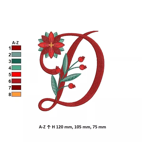 Info - Lettre D de l'alphabet de Noël poinsettia pour broderie machine avec fleurs et feuillages festifs | Poinsettia Christmas letter D for machine embroidery with festive flowers and foliage.