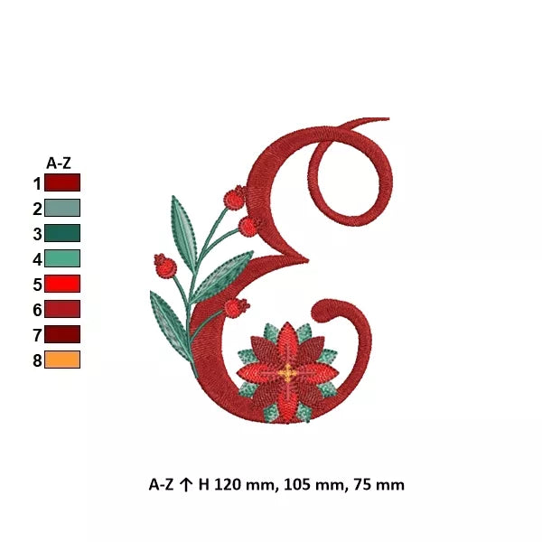 Info - Lettre E de l'alphabet de Noël poinsettia pour broderie machine avec fleurs et feuillages festifs | Poinsettia Christmas letter E for machine embroidery with festive flowers and foliage.