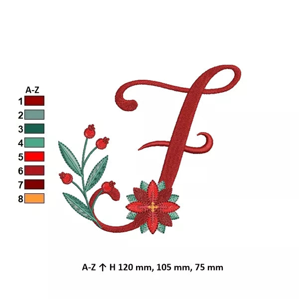 Info - Lettre F de l'alphabet de Noël poinsettia pour broderie machine avec fleurs et feuillages festifs | Poinsettia Christmas letter F for machine embroidery with festive flowers and foliage.
