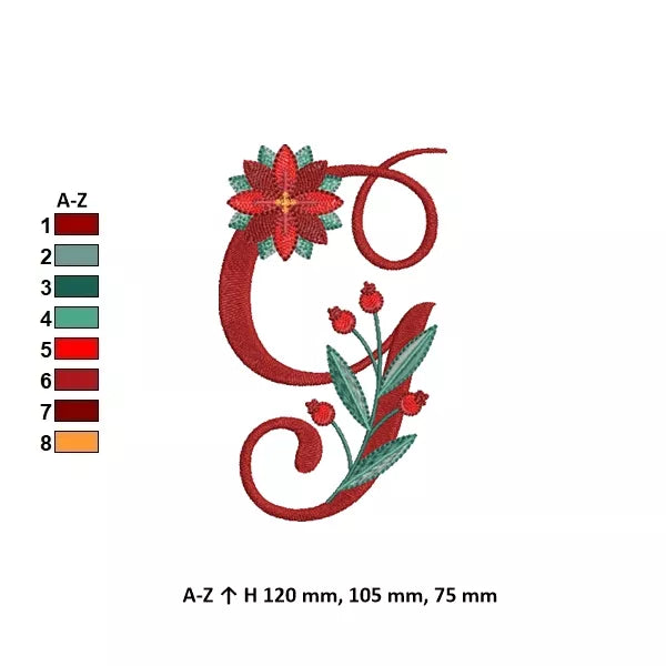 Info - Lettre G de l'alphabet de Noël poinsettia pour broderie machine avec fleurs et feuillages festifs | Poinsettia Christmas letter G for machine embroidery with festive flowers and foliage.