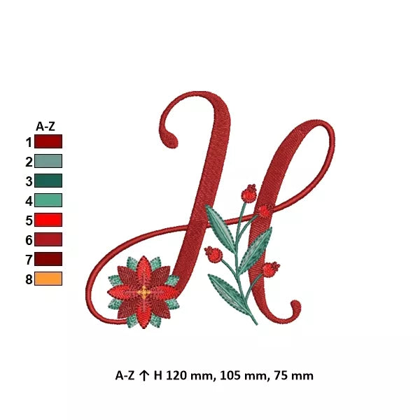 Info - Lettre H de l'alphabet de Noël poinsettia pour broderie machine avec fleurs et feuillages festifs | Poinsettia Christmas letter H for machine embroidery with festive flowers and foliage.