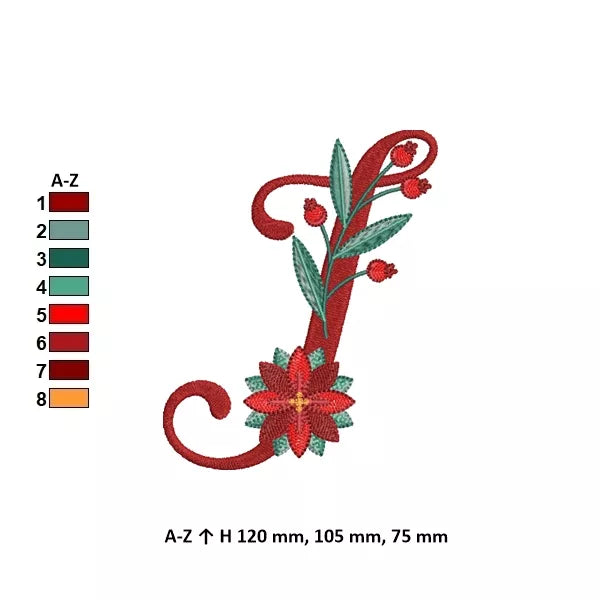 Info - Lettre I de l'alphabet de Noël poinsettia pour broderie machine avec fleurs et feuillages festifs | Poinsettia Christmas letter I for machine embroidery with festive flowers and foliage.