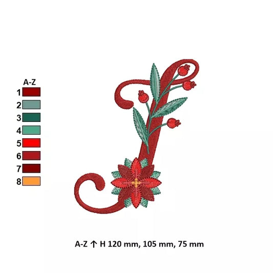 Info - Lettre I de l'alphabet de Noël poinsettia pour broderie machine avec fleurs et feuillages festifs | Poinsettia Christmas letter I for machine embroidery with festive flowers and foliage.
