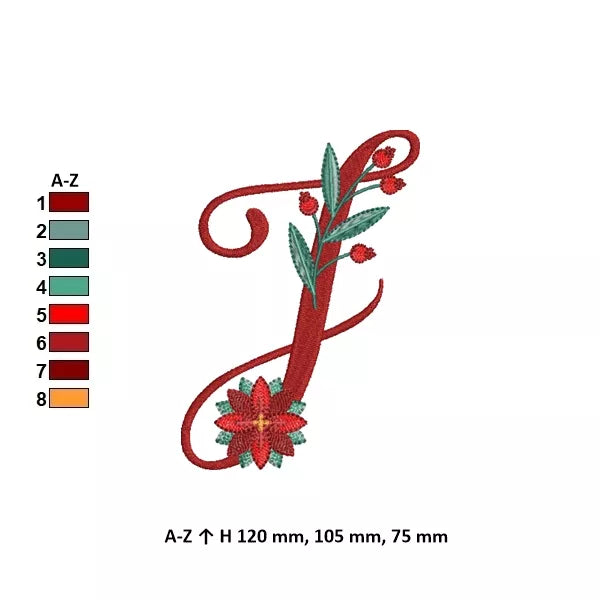 Info - Lettre J de l'alphabet de Noël poinsettia pour broderie machine avec fleurs et feuillages festifs | Poinsettia Christmas letter J for machine embroidery with festive flowers and foliage.