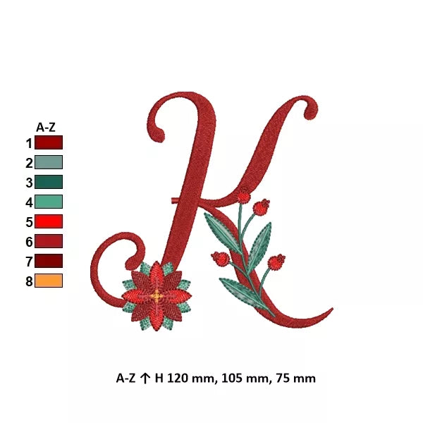 Info - Lettre K de l'alphabet de Noël poinsettia pour broderie machine avec fleurs et feuillages festifs | Poinsettia Christmas letter K for machine embroidery with festive flowers and foliage.