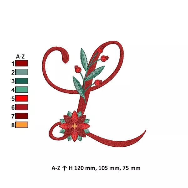 Info - Lettre L de l'alphabet de Noël poinsettia pour broderie machine avec fleurs et feuillages festifs | Poinsettia Christmas letter L for machine embroidery with festive flowers and foliage.