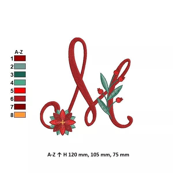 Info – Lettre M de l'alphabet de Noël poinsettia pour broderie machine avec fleurs et feuillages festifs | Poinsettia Christmas letter M for machine embroidery with festive flowers and foliage.