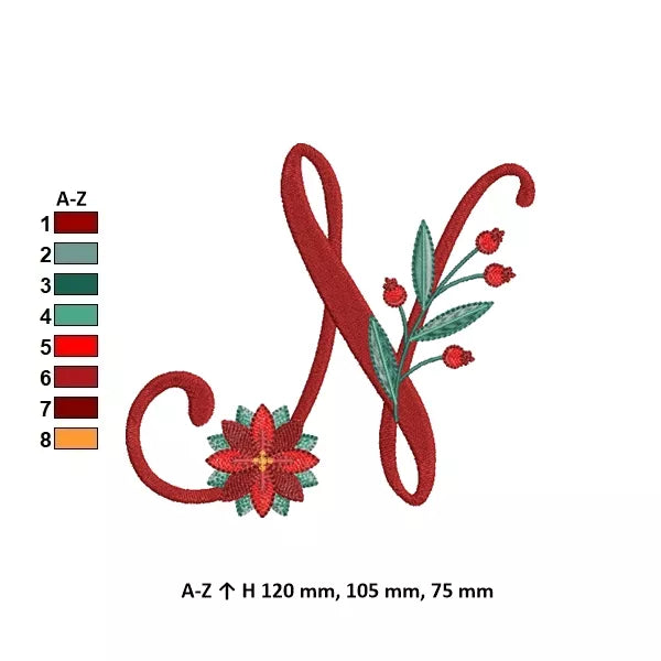 Info - Lettre N de l'alphabet de Noël poinsettia pour broderie machine avec fleurs et feuillages festifs | Poinsettia Christmas letter N for machine embroidery with festive flowers and foliage.