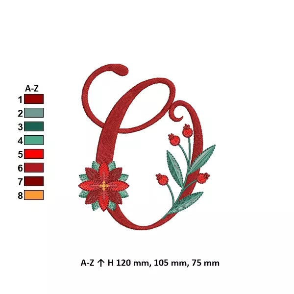 Info - Lettre O de l'alphabet de Noël poinsettia pour broderie machine avec fleurs et feuillages festifs | Poinsettia Christmas letter O for machine embroidery with festive flowers and foliage.