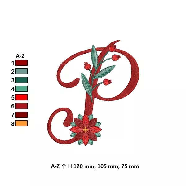Info - Lettre P de l'alphabet de Noël poinsettia pour broderie machine avec fleurs et feuillages festifs | Poinsettia Christmas letter P for machine embroidery with festive flowers and foliage.