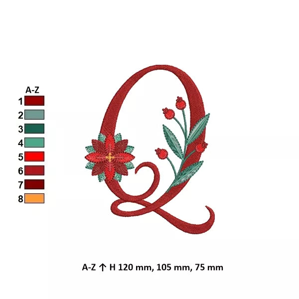 Info - Lettre Q de l'alphabet de Noël poinsettia pour broderie machine avec fleurs et feuillages festifs | Poinsettia Christmas letter Q for machine embroidery with festive flowers and foliage.