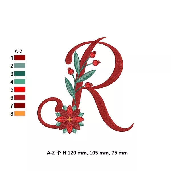 Info - Lettre R de l'alphabet de Noël poinsettia pour broderie machine avec fleurs et feuillages festifs | Poinsettia Christmas letter R for machine embroidery with festive flowers and foliage.