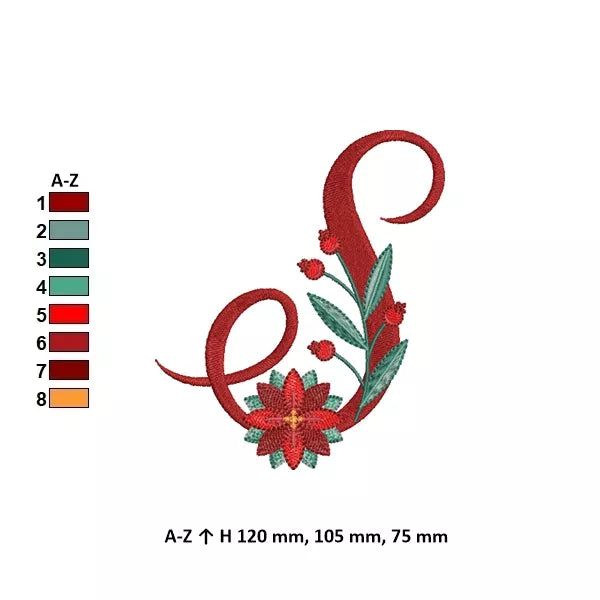 Info - Lettre S de l'alphabet de Noël poinsettia pour broderie machine avec fleurs et feuillages festifs | Poinsettia Christmas letter S for machine embroidery with festive flowers and foliage.