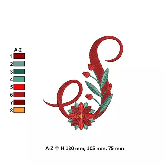 Info - Lettre S de l'alphabet de Noël poinsettia pour broderie machine avec fleurs et feuillages festifs | Poinsettia Christmas letter S for machine embroidery with festive flowers and foliage.