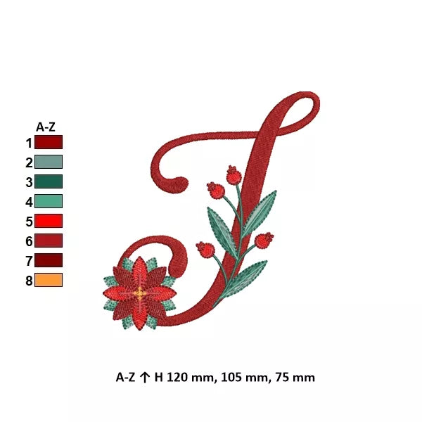 Info - Lettre T de l'alphabet de Noël poinsettia pour broderie machine avec fleurs et feuillages festifs | Poinsettia Christmas letter T for machine embroidery with festive flowers and foliage.