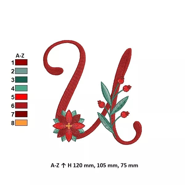 Info - Lettre U de l'alphabet de Noël poinsettia pour broderie machine avec fleurs et feuillages festifs | Poinsettia Christmas letter U for machine embroidery with festive flowers and foliage.