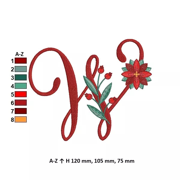 Info - Lettre W de l'alphabet de Noël poinsettia pour broderie machine avec fleurs et feuillages festifs | Poinsettia Christmas letter W for machine embroidery with festive flowers and foliage.