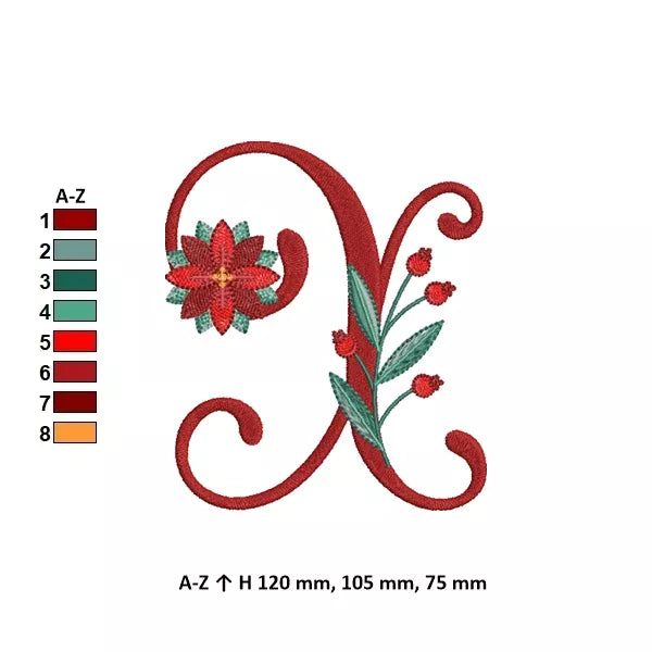Info - Lettre X de l'alphabet de Noël poinsettia pour broderie machine avec fleurs et feuillages festifs | Poinsettia Christmas letter X for machine embroidery with festive flowers and foliage.