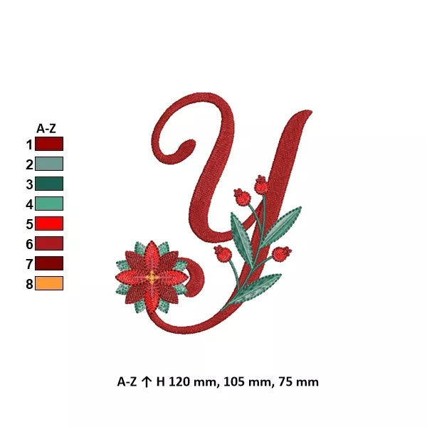 Info - Lettre Y de l'alphabet de Noël poinsettia pour broderie machine avec fleurs et feuillages festifs | Poinsettia Christmas letter Y for machine embroidery with festive flowers and foliage.
