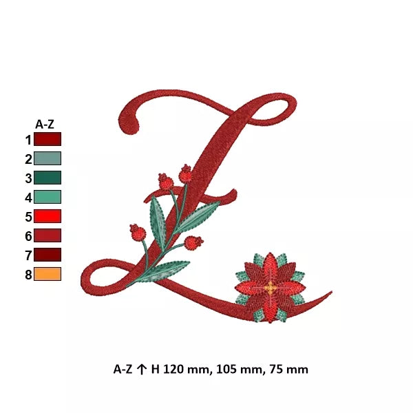 Info - Lettre Z de l'alphabet de Noël poinsettia pour broderie machine avec fleurs et feuillages festifs | Poinsettia Christmas letter Z for machine embroidery with festive flowers and foliage.