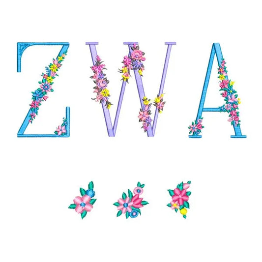 Ensemble de broderie machine : 26 alphabets floraux et 5 motifs de fleurs.