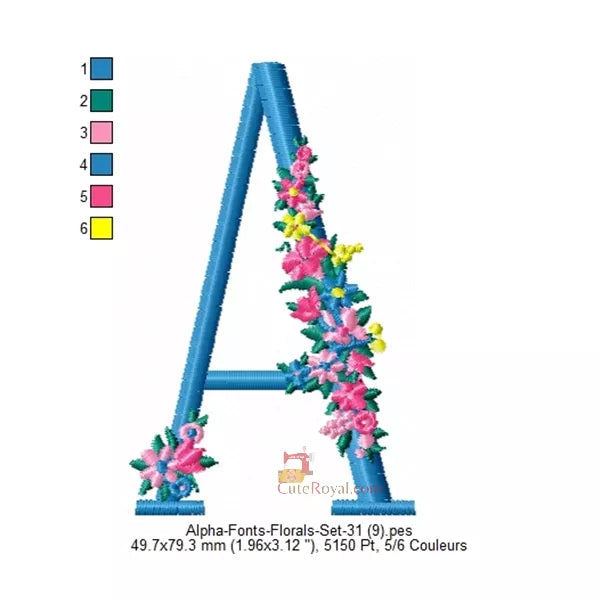 Lettre A majuscule avec des fleurs pour machine a broder