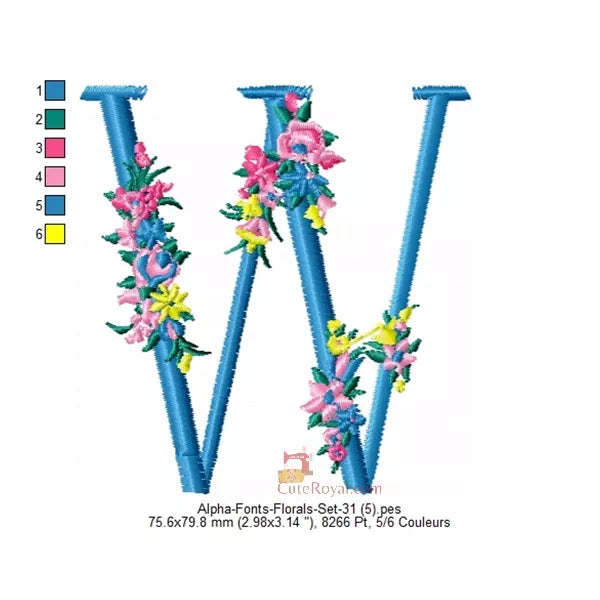 Lettre W majuscule avec des fleurs pour machine a broder