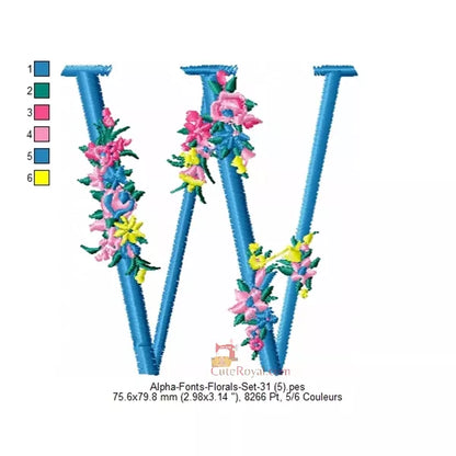 Lettre W majuscule avec des fleurs pour machine a broder