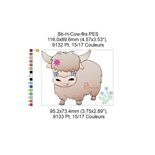 Cqquette bébé vache des Highlands yeux bleu avec fleur rose  et bleu - Motif de Broderie Machine
