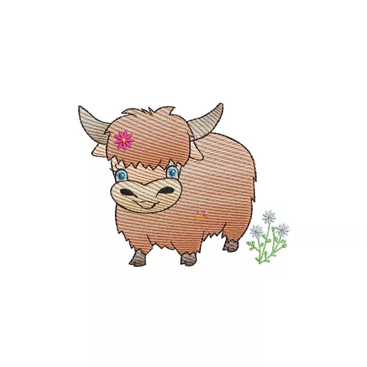 Cqquette bébé vache des Highlands yeux bleu avec fleur rose  et bleu - Motif de Broderie Machine
