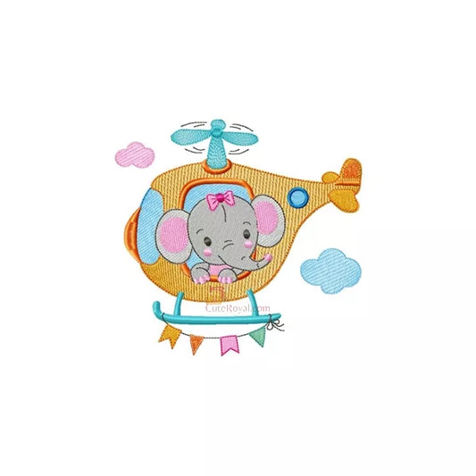 Éléphant Pilote Hélicoptère Broderie Machine - Point Léger - 6 Tailles - Motif Enfant Fille