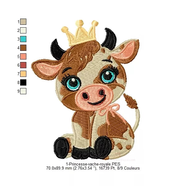 1-Info-taille-et-couleurs-Princesse-vache-royal-motif-de-broderie-machine-animal-CR10067