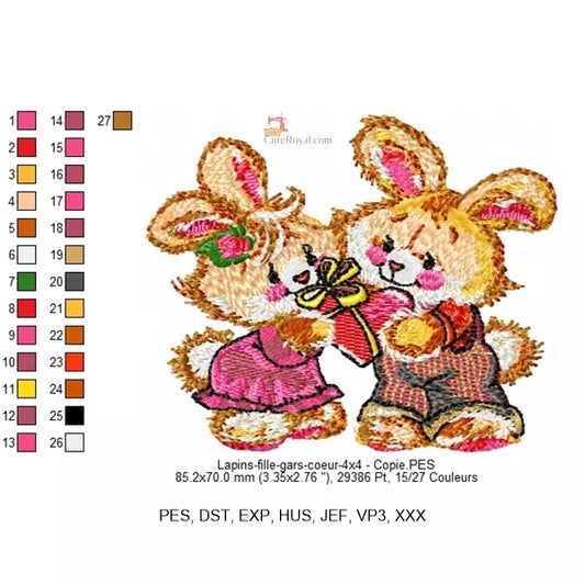 Lapins Tendres Broderie Machine - Cadeau Cœur - 3 Tailles - Motif Romantique