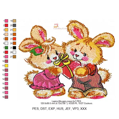 Lapins Tendres Broderie Machine - Cadeau Cœur - 3 Tailles - Motif Romantique