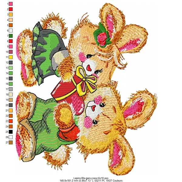 Lapins Tendres Broderie Machine - Cadeau Cœur - 3 Tailles - Motif Romantique