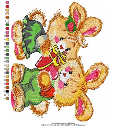 Lapins Tendres Broderie Machine - Cadeau Cœur - 3 Tailles - Motif Romantique