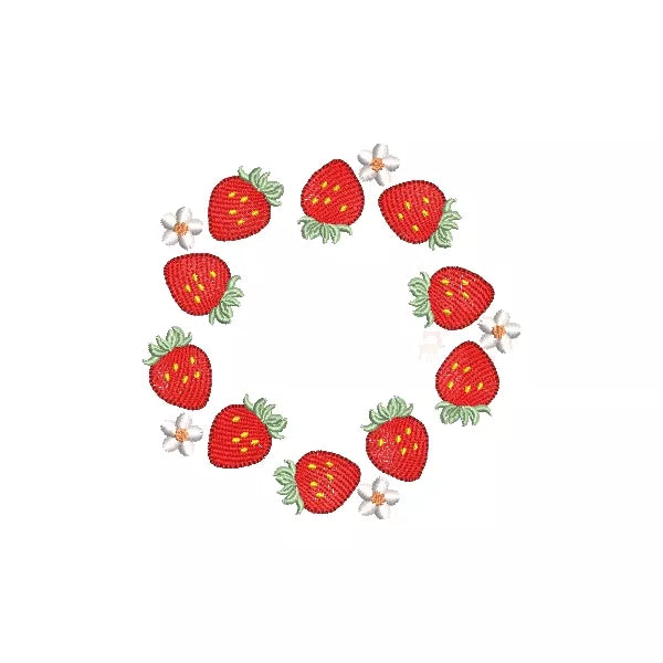Motif de broderie machine couronne de fraises et fleurs – rendu brodé sur tissu