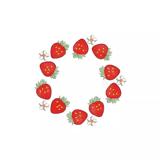 Motif de broderie machine couronne de fraises et fleurs – rendu brodé sur tissu