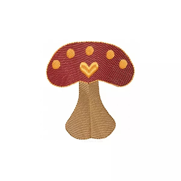 Motif de broderie machine champignon avec cœur – rendu brodé sur tissu