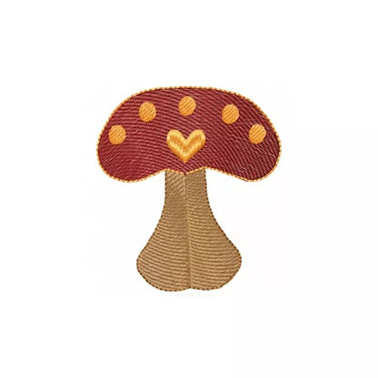 Motif de broderie machine champignon avec cœur – rendu brodé sur tissu