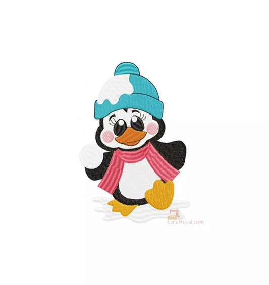 Pengouin-amusant-avec-sa-tuque-bleu-et-son-foulard-rouge-et-tenant-une-boule-de-neige-a-son-aile