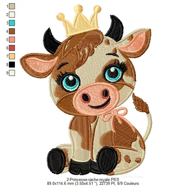 1-Info-taille-et-couleurs-Princesse-vache-royal-motif-de-broderie-machine-animal-CR10067