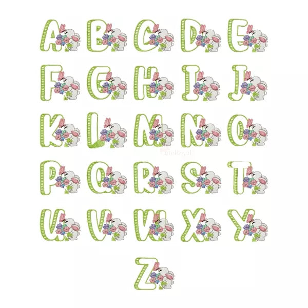 Alphabet complet A à Z avec lapin, bouquet de fleurs et papillon – Motif broderie machine – CuteRoyal.com CR10085