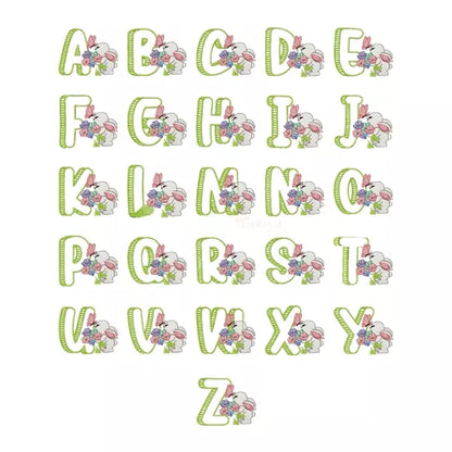 Alphabet complet A à Z avec lapin, bouquet de fleurs et papillon – Motif broderie machine – CuteRoyal.com CR10085