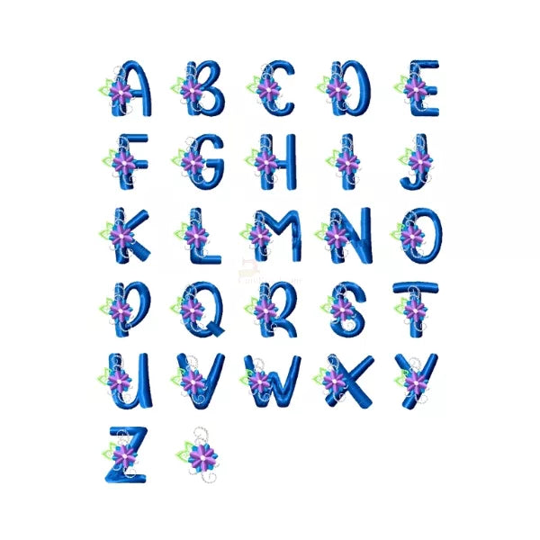 26 lettres - Fiche technique – Alphabet floral broderie, dimensions 1.70" max, 6 couleurs, cerceau 4×4 po.