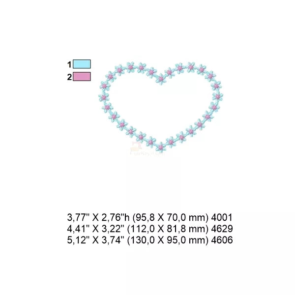 Fiche technique motif broderie couronne cœur en fleurs – dimensions, couleurs et nombre de points.